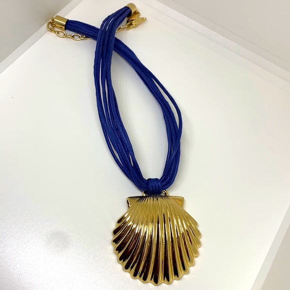 Navy Blue and Gold Seashell Necklace - Picture 1 of 4